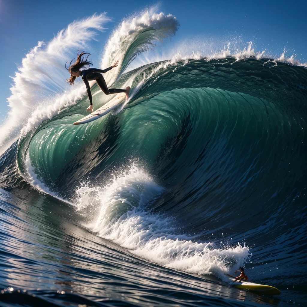 (Luminism:1.28), Back view、(TopQuality 8K Masterpiece:1.2) (ProfessionalPHOTO:1.37) Extremely Detailed (A girl standing on a surfboard riding a wave:1.4), (Colorful morning glory)、(Crouching and balancing on a large surfboard.:1.28)、Surfing on waves、(There is Only one surfboard under her feet:1.3) Splashing water Particles、Sparkling waves 、Wet Hair、(Super hourglass body type)、Dynamic movement blur、Correct fingers、(Surfing Photos:1.4)、Extreme Sports Photography、Acrobatic action pose