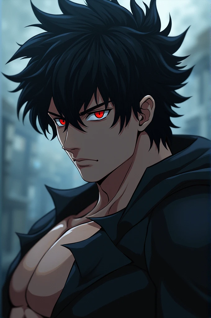 anime character,1,77 tall,black hair color,crimson eye color,muscular physique,big hair