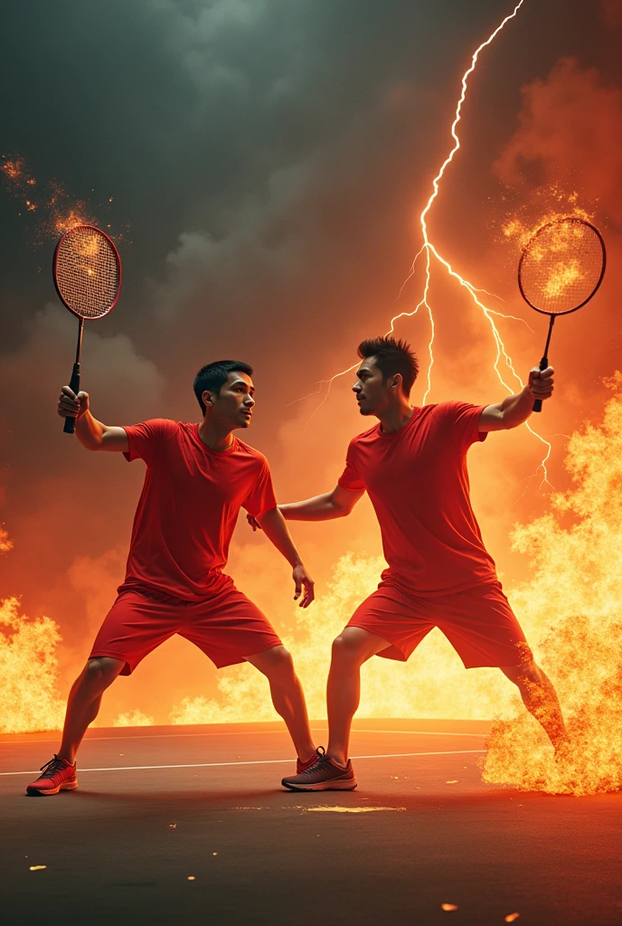 men standing holding badminton head racquet with flames. wearing red jerseys. background flames and thunder at badminton court