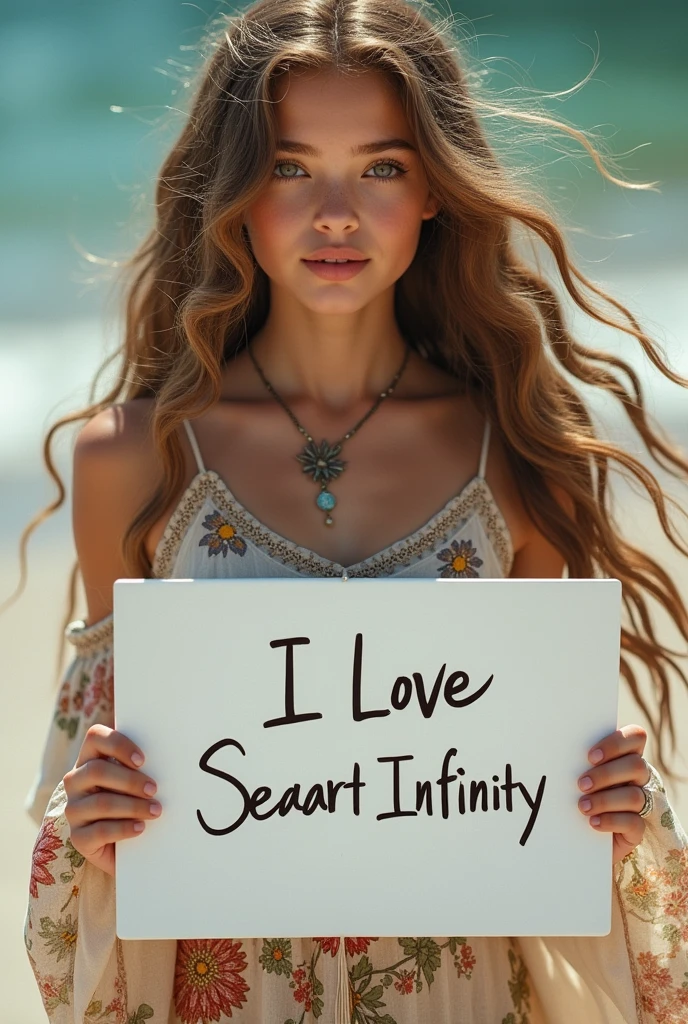 Beautiful girl with wavy long hair, bohemian dress, holding a white board with text "I Love Seaart Infinity" and showing it to the viewer