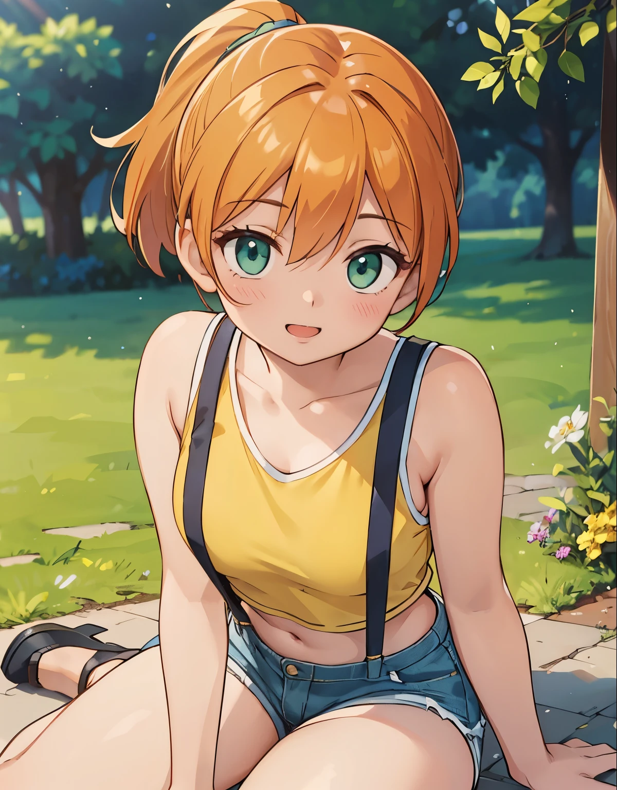 (best quality,4k,8k,highres,masterpiece:1.2), ultra-detailed, realistic:1.37, HDR, studio lighting, vivid colors, bokeh, baking, unattached beautiful girl,a girl riding a bicycle on a green path filled with flowers, beautiful detailed eyes, beautiful detailed lips, extremely detailed eyes and face, long eyelashes, girl riding a bicycle, outdoors, nature,beautiful detailed eyes,beautiful detailed lips,extremely detailed eyes and face,long eyelashes, with a lovestruck gaze, (photorealistic:1.37), with (best quality,4k,8k,highres,masterpiece:1.2), misty, 1girl, breasts, looking_at_viewer, short_hair, closed_mouth, bangs, navel, hair_between_eyes, bare_shoulders, sitting, green_eyes, full_body, lying, sleeveless, midriff, orange_hair, side_ponytail, crop_top, looking_to_the_side, eyelashes, bare_legs, sleeveless_shirt, leaning_forward, arm_support, suspenders, tank_top, denim_shorts, yellow_shirt, hair_tie, green_shorts, suspender_shorts, yellow_tank_top, down blouse, body shape, chubby thighs, thick thighs, open mouth, smile, ultra-detailed description, capturing every exquisite detail of her appearance. Her eyes are mesmerizing, with long curled lashes, glistening in the light. Her lips are perfectly shaped, with a subtle hint of a smile. She is dressed elegantly in a flowing dress, radiating grace and charm. The scene is bathed in warm and romantic lighting, creating a captivating ambiance. The artwork possesses a fusion of realism and artistic flair, resulting in a masterpiece that showcases the emotions of love and admiration.