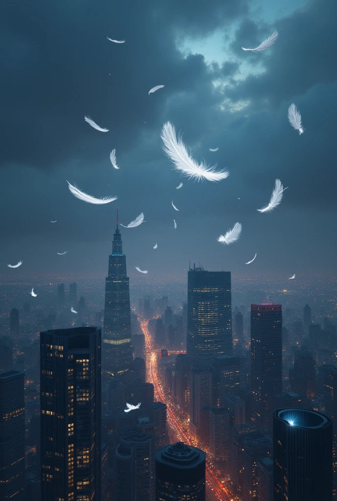 [Core Concept] A vibrant, bustling city skyline at night, with towering skyscrapers and a cloudy, moody atmosphere.

[Character Description] The scene is devoid of human figures, but the presence of delicate white feathers drifting through the air adds a sense of mystery and ethereal beauty.

[Environment/Background] The high-rise buildings stretch towards the heavens, their lit windows and facades casting a warm glow against the inky, cloud-covered sky.

[Style and Atmosphere] The overall mood is one of tranquility and wonder, a peaceful respite from the bustling activity below, with the falling feathers creating a serene, almost magical ambiance.

[Composition] The cityscape is framed by the sweeping, cloud-filled sky, drawing the viewer's eye upwards towards the captivating, feather-filled scene above the urban landscape.

[Details and Embellishments] The delicate, pristine white feathers float gracefully, creating a mesmerizing visual dance against the moody, shadowy backdrop of the city.

[Technical Specifications] The image should be rendered with a high level of detail and realism, capturing the interplay of light and shadow, the textural quality of the feathers, and the depth and scale of the cityscape.