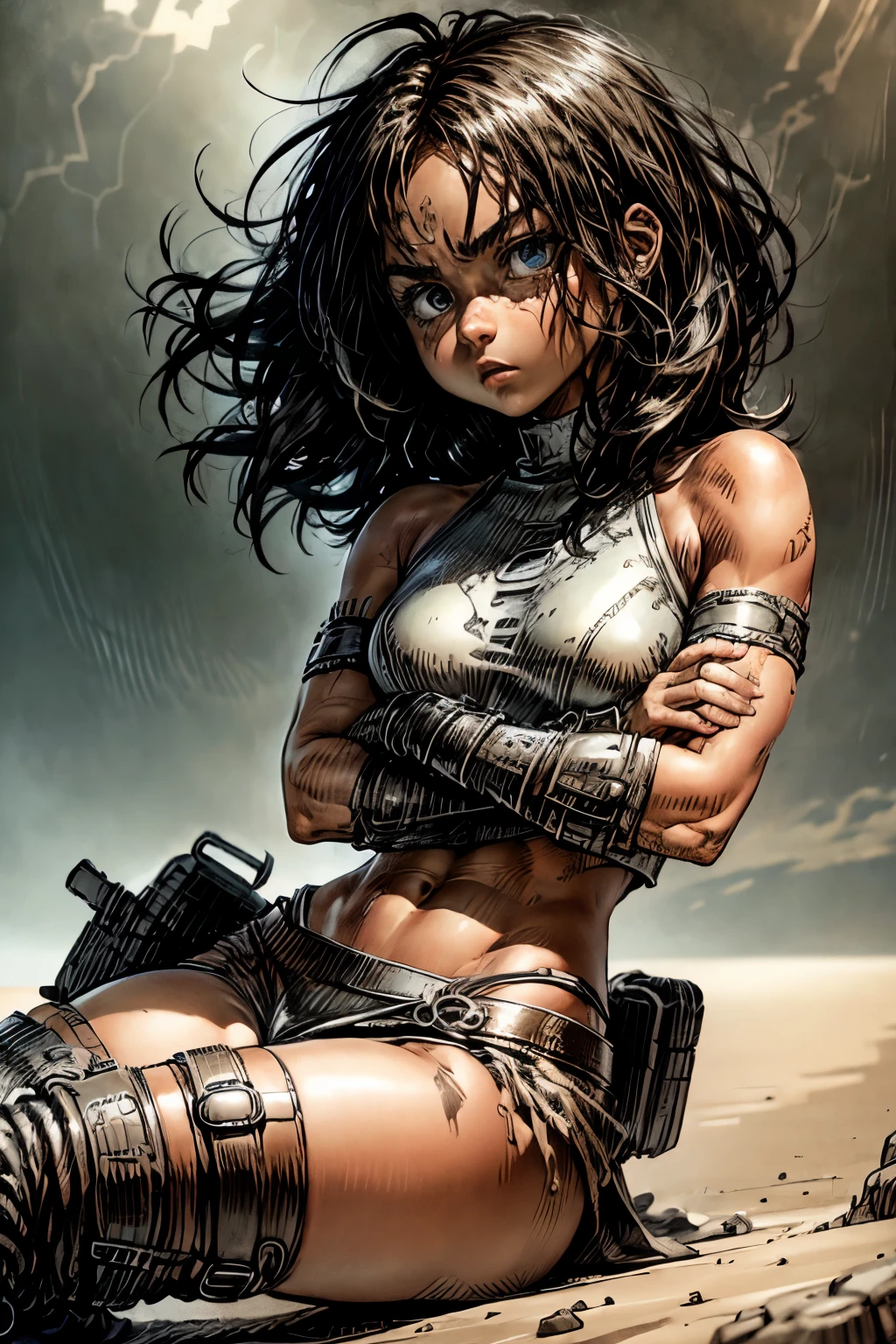 a girl, wearing armor, shoulder armor, mitts, crossed arms, sitting on a rock, leather mini skirt, dressed like an Amazon warrior, background medieval village, cat ears on head, angry expression on the face, beautiful athletic body, (big eyes 80s anime style), long thigh-high boots, profile posing ,Alita character from the movie Alita Battle Angel