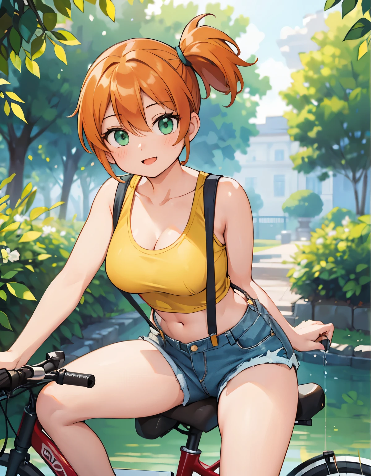 (best quality,4k,8k,highres,masterpiece:1.2), ultra-detailed, realistic:1.37, HDR, studio lighting, vivid colors, bokeh, baking, unattached beautiful girl,A young woman riding a bicycle, peacefully seated atop her two-wheeled mode of transportation, beautiful detailed eyes, beautiful detailed lips, extremely detailed eyes and face, long eyelashes, girl riding a bicycle, outdoors, nature,beautiful detailed eyes,beautiful detailed lips,extremely detailed eyes and face,long eyelashes, with a lovestruck gaze, (photorealistic:1.37), with (best quality,4k,8k,highres,masterpiece:1.2), misty, 1girl, , looking_at_viewer, short_hair, closed_mouth, bangs, navel, hair_between_eyes, bare_shoulders, sitting, green_eyes, full_body, lying, sleeveless, midriff, orange_hair, side_ponytail, crop_top, looking_to_the_side, eyelashes, bare_legs, sleeveless_shirt, leaning_forward, arm_support, suspenders, tank_top, denim_shorts, yellow_shirt, hair_tie, green_shorts, suspender_shorts, yellow_tank_top, down blouse, body shape, chubby thighs, thick thighs, open mouth, smile, ultra-detailed description, capturing every exquisite detail of her appearance. Her eyes are mesmerizing, with long curled lashes, glistening in the light. Her lips are perfectly shaped, with a subtle hint of a smile. radiating grace and charm. The scene is bathed in warm and romantic lighting, creating a captivating ambiance. The artwork possesses a fusion of realism and artistic flair, resulting in a masterpiece that showcases the emotions of love and admiration.