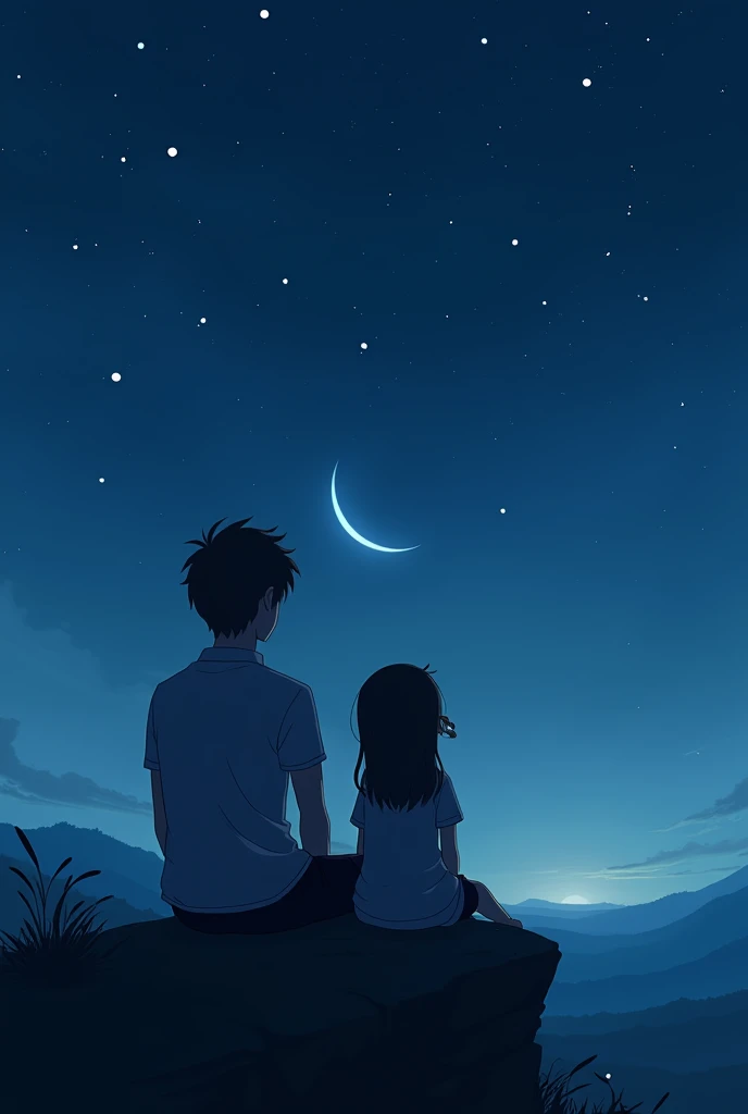 An animation of a man and a girl sitting on a rock looking at the crescent moon and stars without their faces being seen