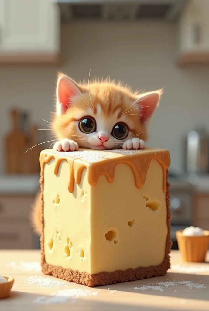 small kitty holding gigantic slice of cheesecake