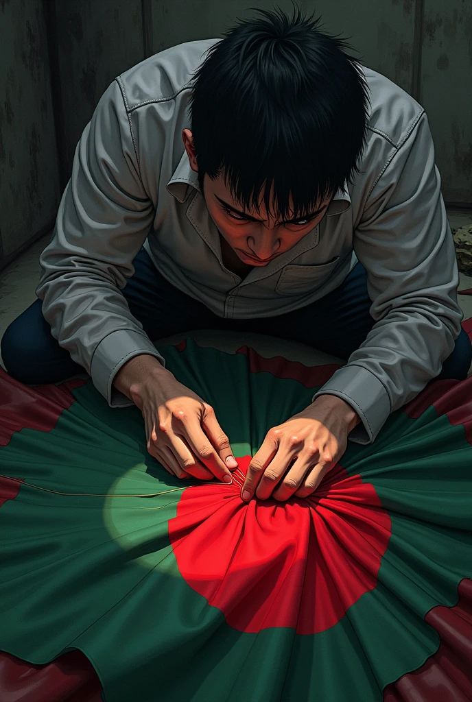 guy sewing a Bangladeshi flag covered with blood anime
