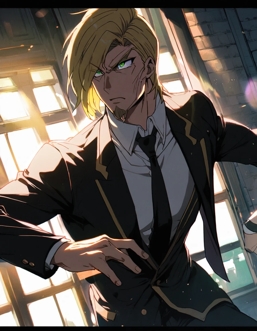 1man, vigorous secret service, handsome mature, business hair with asymmetrical bangs, goatee, green platina blond hair, emerald eyes, crewcut, BREAK 45yo, caucasian, veteran, pentagon shaped, facial wrinkles, chiseled face, ordinary, BREAK ideal ratio body proportions, middle weight muscular, beautiful detailed eyes, BREAK solo, funeral black suit, black necktie, white shirt, at wall street, detailed background, fighting stance, BREAK upperlegs, epic scene, dramatic expression, 2010s, retro visual novel, in persona style, in korean anime style, dutch angle, BREAK cinematic shadows, cinematic lighting, lens flare, light leaks, texture, absurdres absolutely resolution