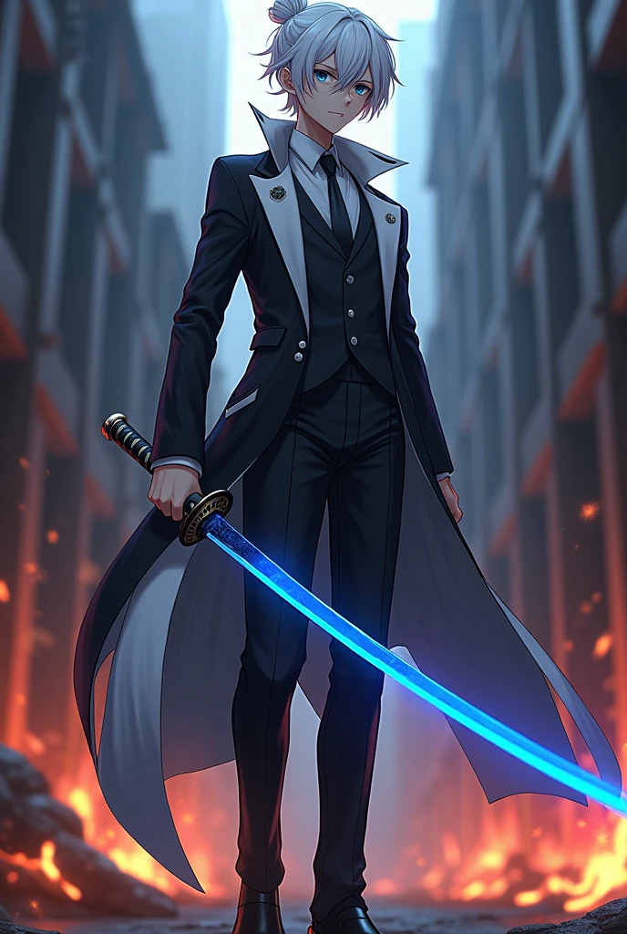 Kenja Ashura a handsome fighter with a short white hair bun in a black and white suit Dazai styles from Bungou to Alchemist with blue eyes and black shoes, sad and greasy personality with a blue katana version of Kenja Ashura that looks bad and dangerous with a burning building background 