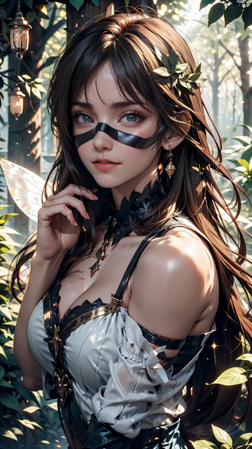 masterpiece, 1 Fairy, Flying fairy girl, Perfect Face, Light, Glass Tree Forest, Dramatic lighting, Blindfold, Super detailed, floating glow Lights, Depth of written boundary, (Shining Dust)