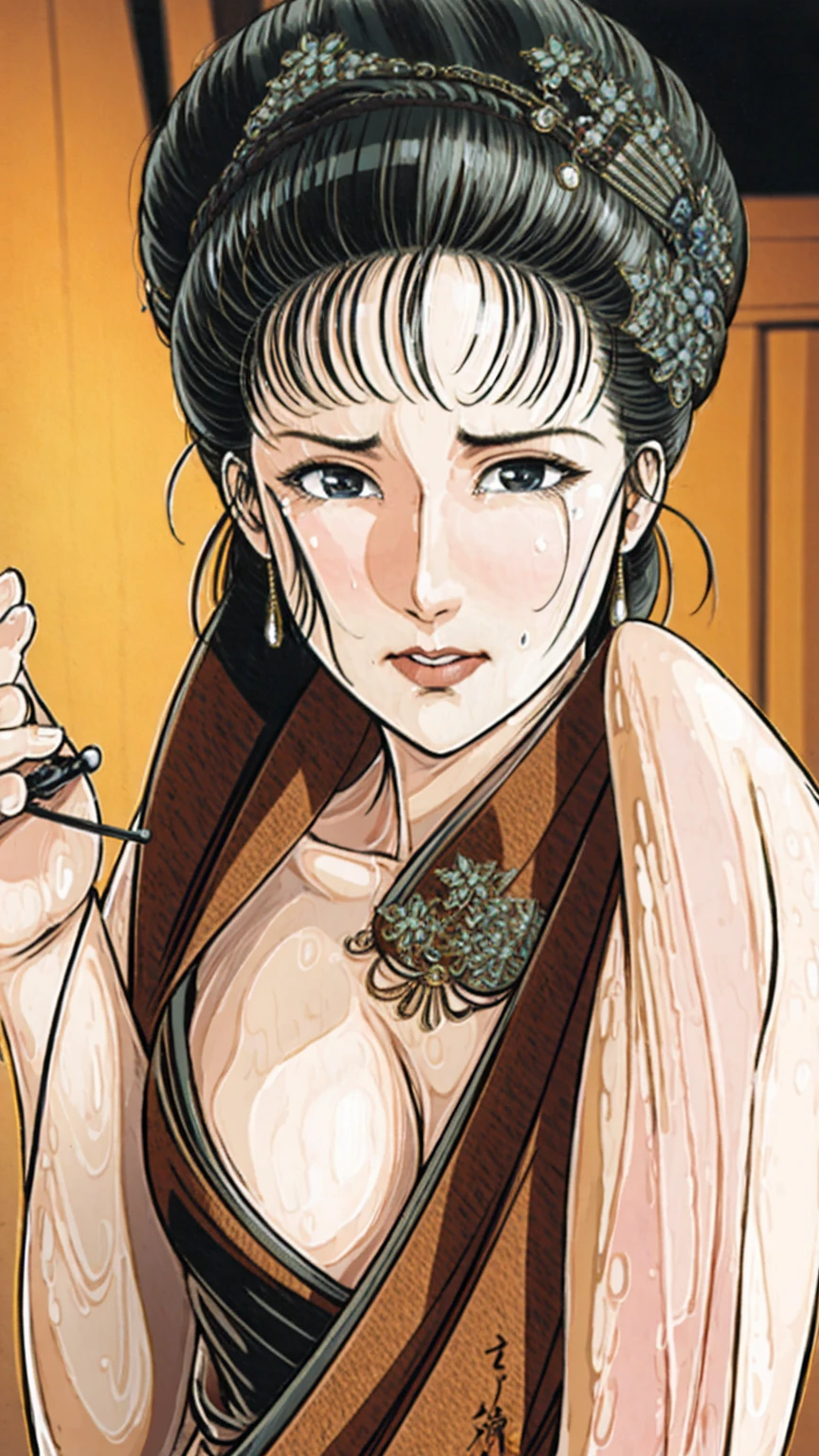 (best quality), (very aesthetic), (ultra-detailed), (best illustration),(a mature female),(perfect face),Suikoden,Mrs. Lin,(((NSFW))),((full_body)),((full_NUDE)),(Woman with pubic hair),crying,surprised,red cheek,sweating,skinny,flushed skin,(standing),traditional Chinese bedroom,