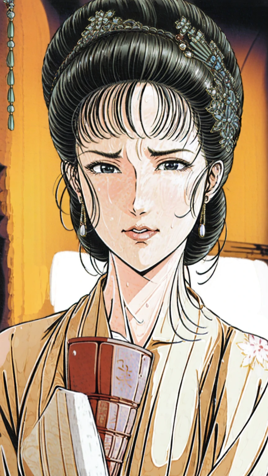 (best quality), (very aesthetic), (ultra-detailed), (best illustration),(a mature female),(perfect face),Suikoden,Mrs. Lin,(((NSFW))),((full_body)),((full_NUDE)),(Woman with pubic hair),crying,surprised,red cheek,sweating,skinny,flushed skin,(standing),traditional Chinese bedroom,