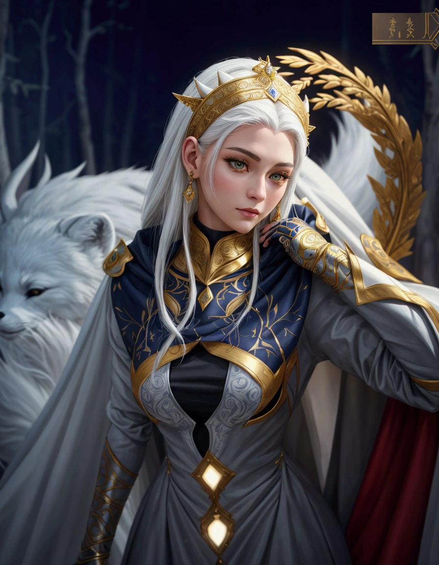 (((solo exhibition)), white and gold clothes, lots of decorated costumes, (full body) Take photos of the most beautiful artwork detailed, Intricate details, High detail, Ultra realistic, Hidden armor, proportions, Realistic anthropomorphic art, (Anthropomorphic art!!!, (((Female Human Arctic Fox priest)), Forest, very, very beautiful human art, realistic, 8k, no human hair, no repetition, no repeating tail, no clones, no big heads