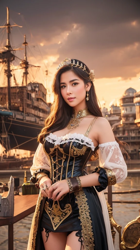 A beautiful young Thai-Italy idol girl in elaborate steampunk attire stands confidently with a vintage airship as a backdrop. She has long, flowing brown hair, detailed beautiful eyes and face, is wearing an elegant black dress with intricate lace details and a corseted bodice. She is also wearing a pair of ornate goggles on her head, which she is adjusting with one hand. The airship behind her is large and impressive, with a metallic, weathered finish that suggests both power and a sense of adventure. The scene is set in an open field with a slightly overcast sky.