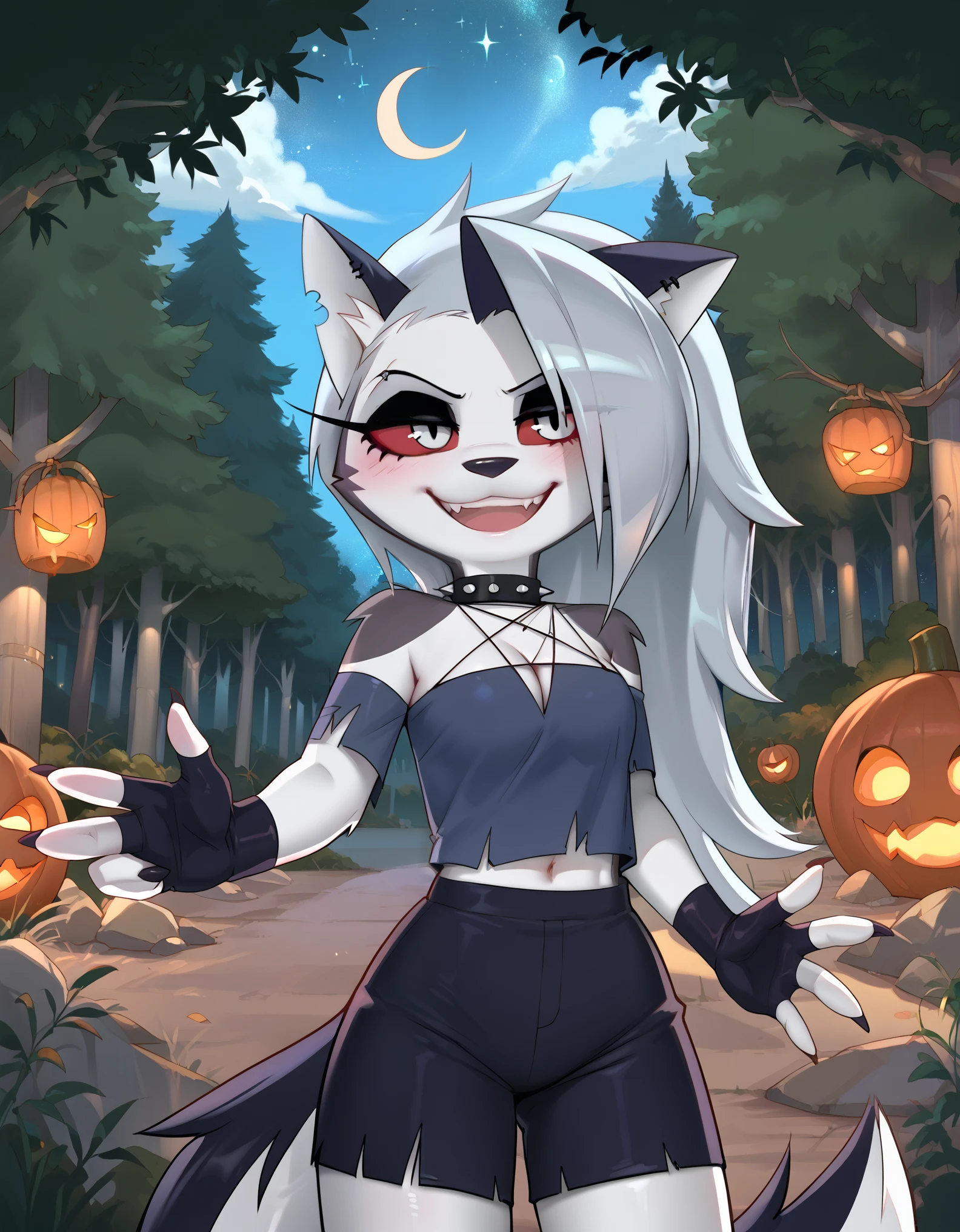 score_9_up, score_8_up, score_7_up,  rating_safe, furry, anthro, solo, loona(jizokumode), hellhound, red sclera, loona (helluva boss), tanktop, fingerless gloves, excited, blep, forest, night, stars, crescent moon, solo, forced smile, 4 fingers, inverted pentagram,