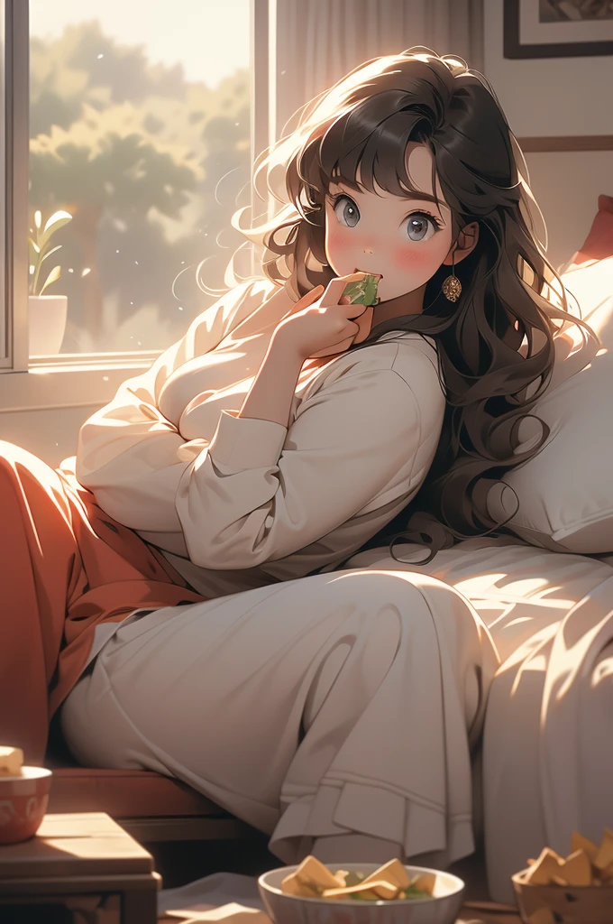 slightly chubby girl watching a movie and eating crisps from a bowl, bedroom scenery