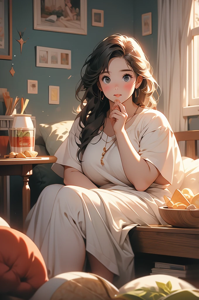 slightly chubby girl watching a movie and eating crisps from a bowl, bedroom scenery