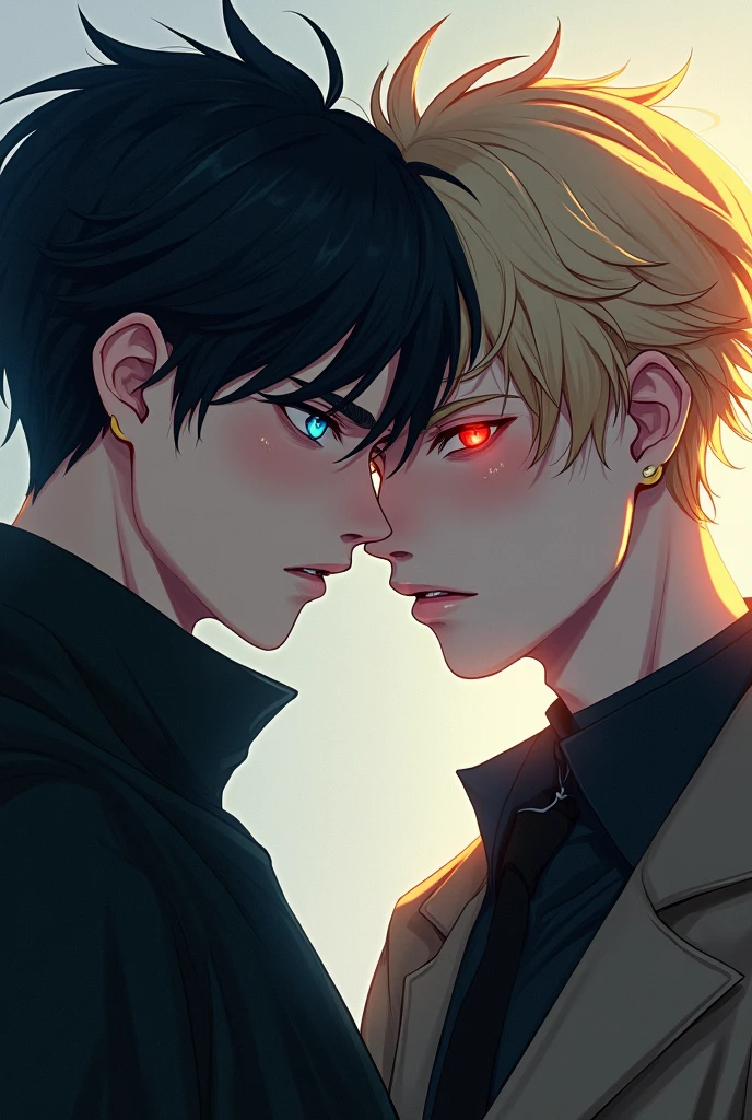 Imagine a book cover with two boys staring straight ahead. The boy on the left has black hair and extremely bright blue eyes., that stand out in contrast with her dark hair. The boy on the right has blond hair, slightly messy, that reflect the light softly, their skin is extremely white and their eyes are red like fire. The background is simple and neutral, maybe with a smooth gradient, to ensure the focus is entirely on the two boys and the moment of connection they share. They are both adults