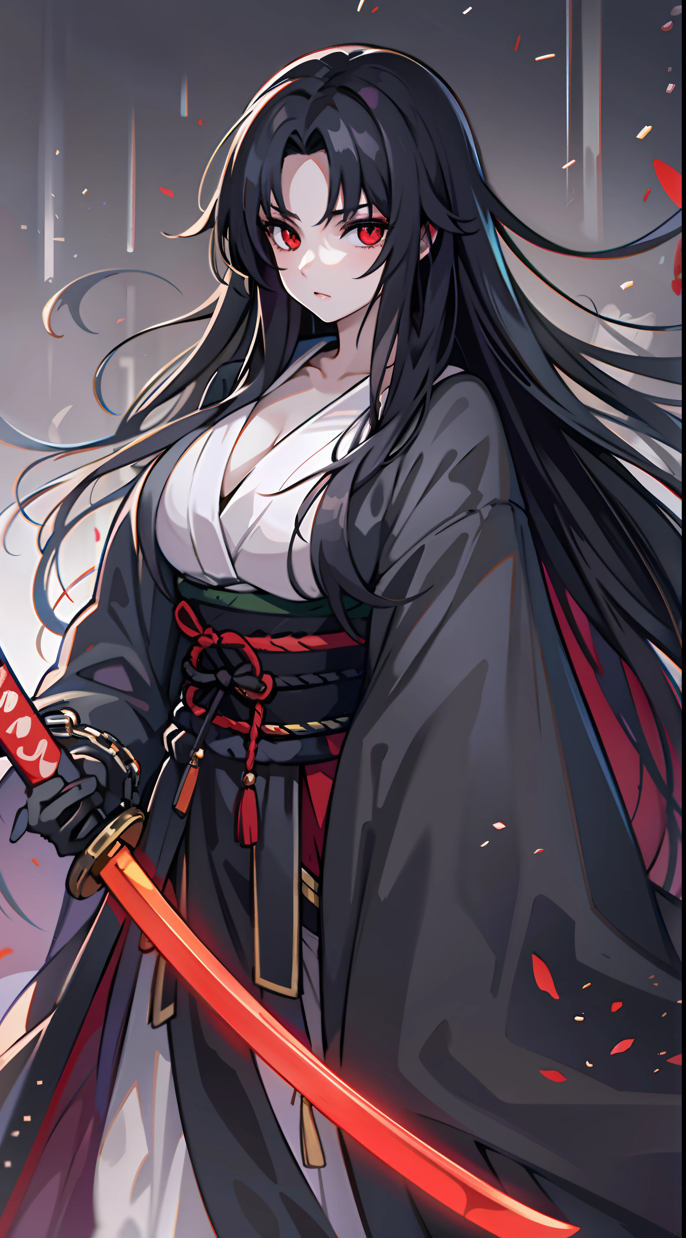 trunk, 1womanl, grayish black hair, Longhaire, Eyes red, ((Ronin)), black cloack, big breaths, wall-paper, Current fund, light particles, ((work of art)), ((best qualityer)), ((Maximum quality)), pale white skin, standing alone, long black katana