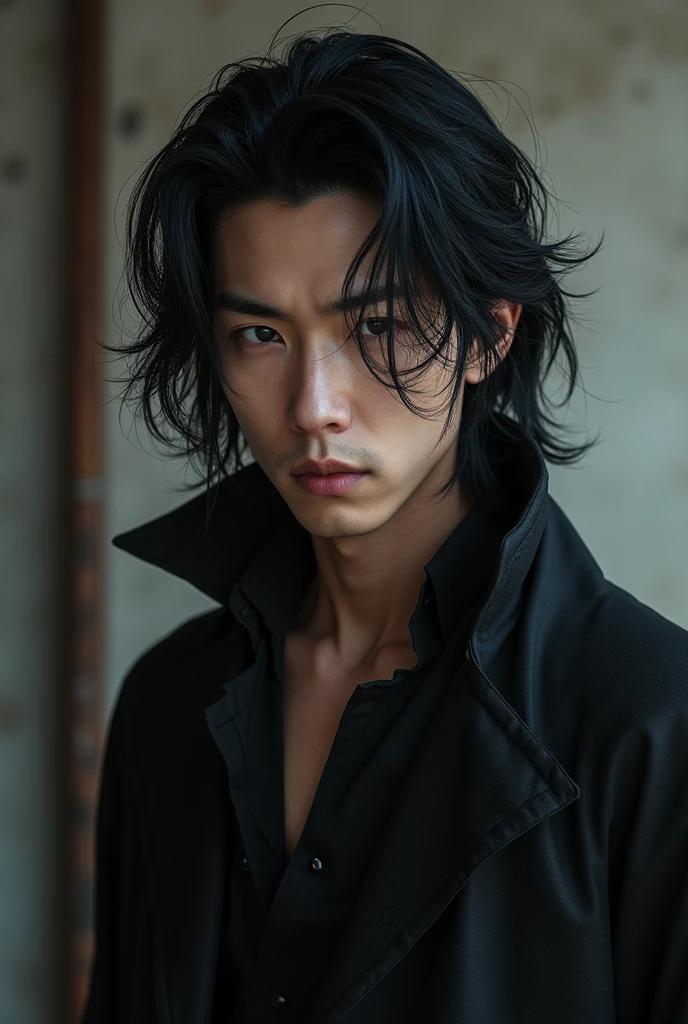 create a realistic 30 YEAR OLD KOREAN VAMPIRE MAN, black hair hair style, tall and WITH MANY MUSCLES
