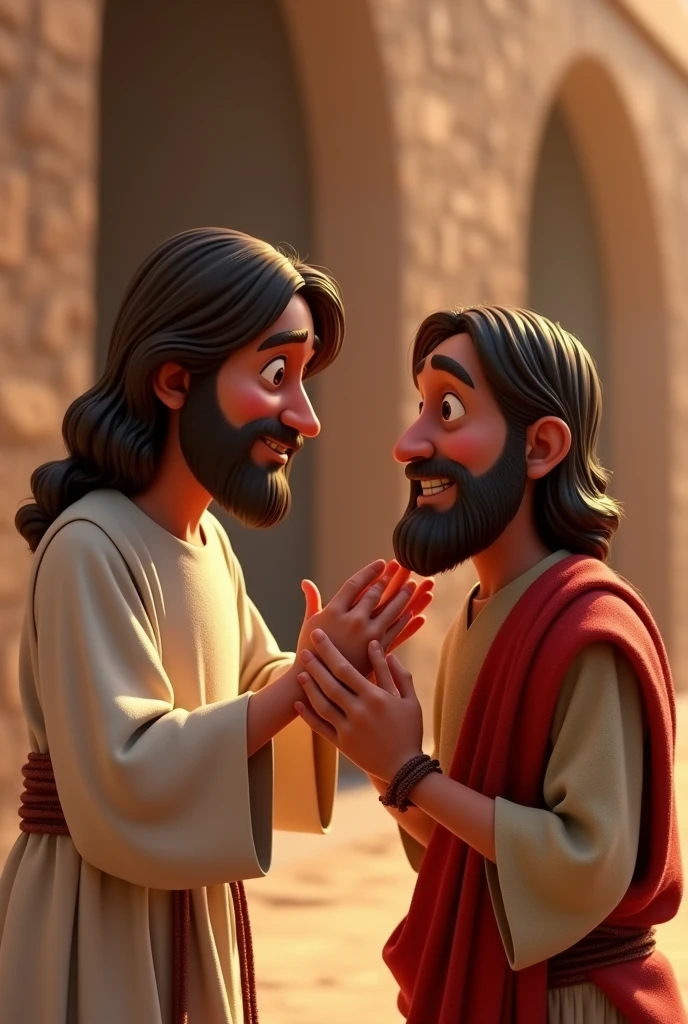 Create the following image: Create an image representing Jesus Christ healing a blind man. The scene should show Jesus in a moment of concentration and serenity, with a gentle and miraculous expression, as he places his hands on the face of a blind man. The environment must be Jerusalem in the background.3d pixar personagem de animação, Caractere estilizado, renderização de estilo de animação, 3D estilizado, Renderização de Arnold Maya, Renderização 3D estilizada, captura de tela de renderização de toon, Personagem 3D, Personagem 3D, Renderização 3D estilizada, Renderização de personagem 3D, personagem de desenho animado, Personagem de close up, Pose de personagem, (Estilo Pixar) (parte mestre:1.2) (Bokeh) (melhor qualidade) (pele detalhada) (textura detalhada) (8K) (argila) (iluminação cinematográfica) (foco nítido
