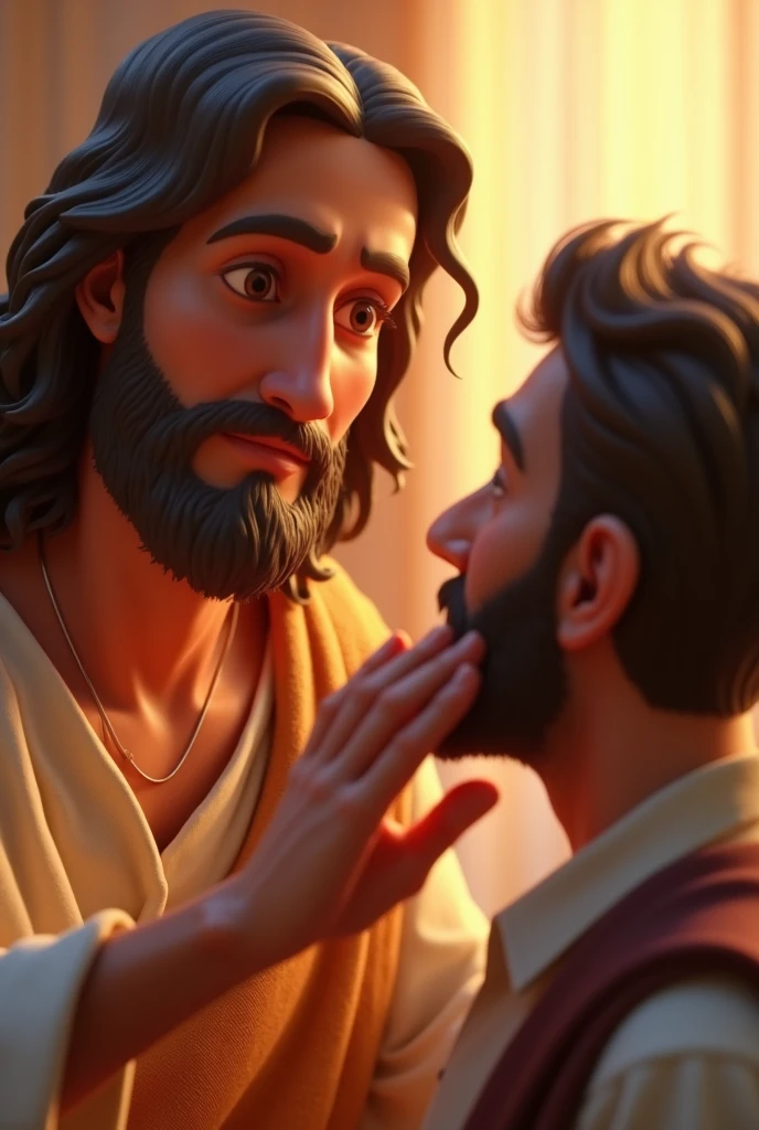 Create the following image: Create an image representing Jesus Christ healing a blind man. The scene should show Jesus in a moment of concentration and serenity, with a gentle and miraculous expression, as he places his hands on the face of a blind man. The environment must be Jerusalem in the background.3d pixar personagem de animação, Caractere estilizado, renderização de estilo de animação, 3D estilizado, Renderização de Arnold Maya, Renderização 3D estilizada, captura de tela de renderização de toon, Personagem 3D, Personagem 3D, Renderização 3D estilizada, Renderização de personagem 3D, personagem de desenho animado, Personagem de close up, Pose de personagem,  (Estilo Pixar) (parte mestre:1.2) (Bokeh) (melhor qualidade) (pele detalhada) (textura detalhada) (8K) (argila) (iluminação cinematográfica) (foco nítido