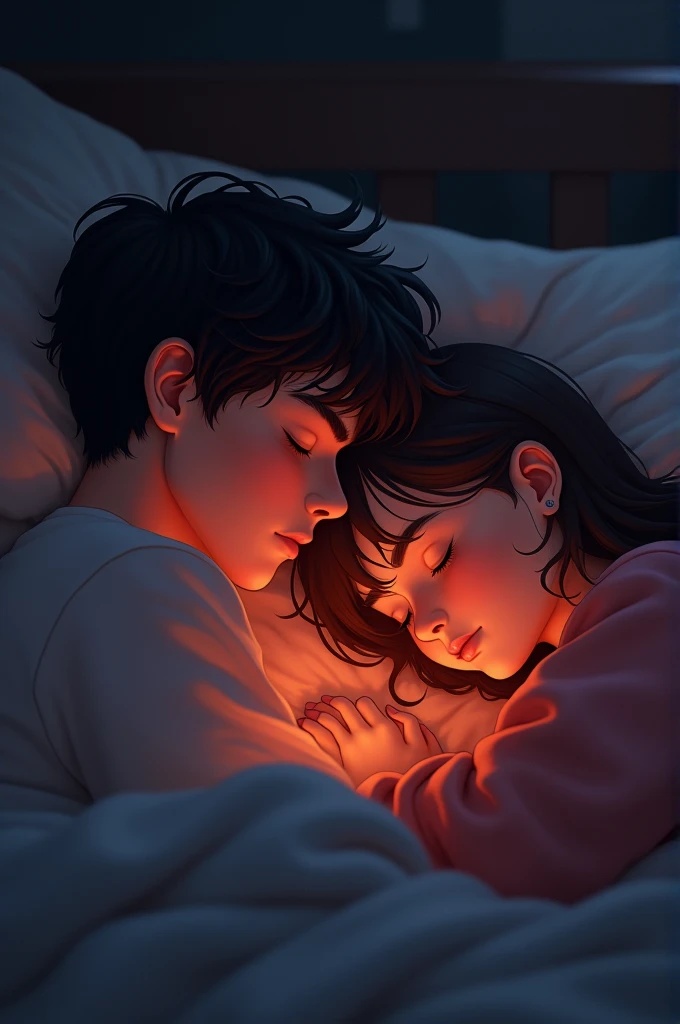 A boy and a girl who are in a long distance relationship sleep on a video call, the sleeping boy with messy hair with red backlight and the brown haired girl with light yellow backlight sleeping