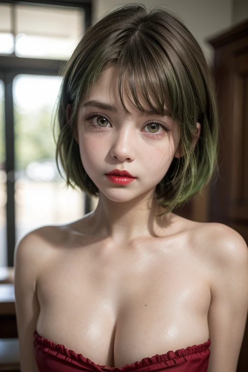 (hair green)), adorable, 1 girl, (faceoff), 10-year-old, baby face, glad, retrato de meio corpo, (details face: 1), (eye details: 1), ((breasts big)). ((new)) ((Red lips)), ((strapless))
