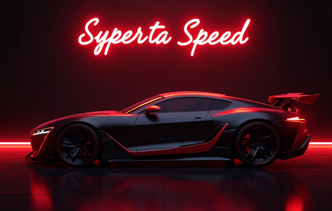 Neon sign with a neon red border text red neon above the car that say "Infinity Speed" with a modern sports car with a neon red and black color scheme, suggesting a futuristic or high-tech theme, Side view, The vehicle is designed with aerodynamic features, such as a large rear wing and air intakes on the side, indicating its performance-oriented nature. The car's sleek bodywork and low-profile tires contribute to its sporty aesthetic. The background has a digital, neon-lit effect, which complements the car's stylized appearance and reinforces the futuristic theme of the image. There are no people or indications of specific locations that would require the identification of traits such as gender or race., retina, accurate, masterpiece, super detail, best quality, award winning, highres, HD, 4K, 8k, 16k