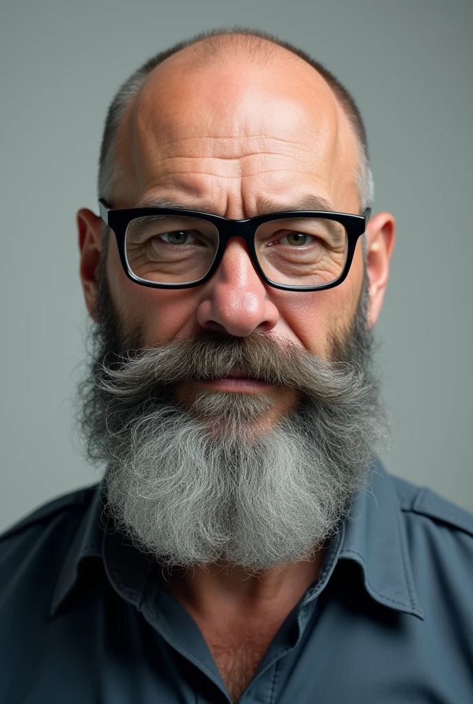 realistic image of an IT technician, baldie, square glasses, long square gray beard