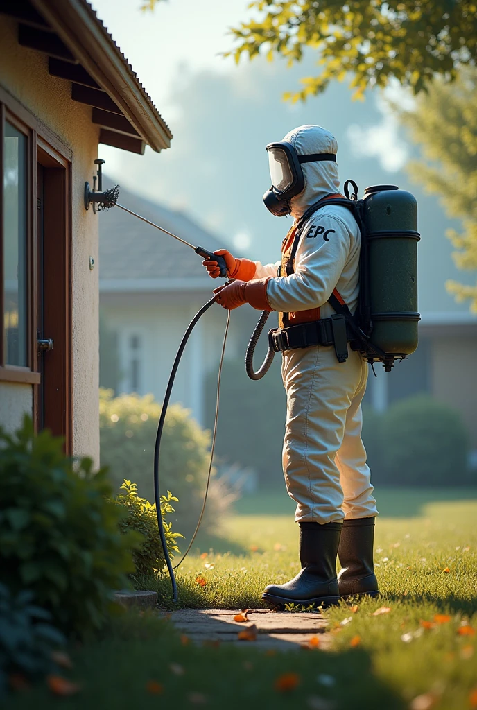 Fumigator fumigating a house with the initials EPC on his uniform
