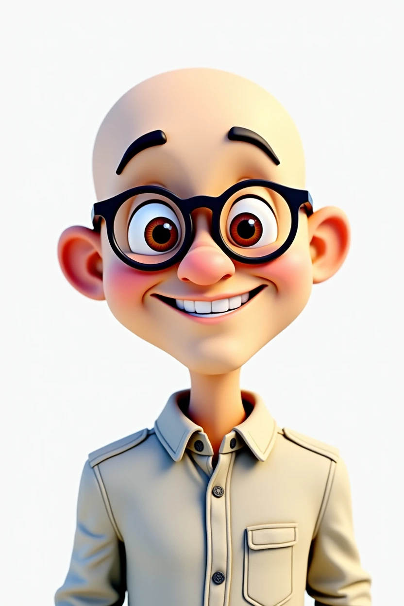 CREATE A HAPPY BALD WHITE YOUNG 3D CARTOON CHARACTER. 3d cartoon character avatar happy young white bald man with glasses isolated on white