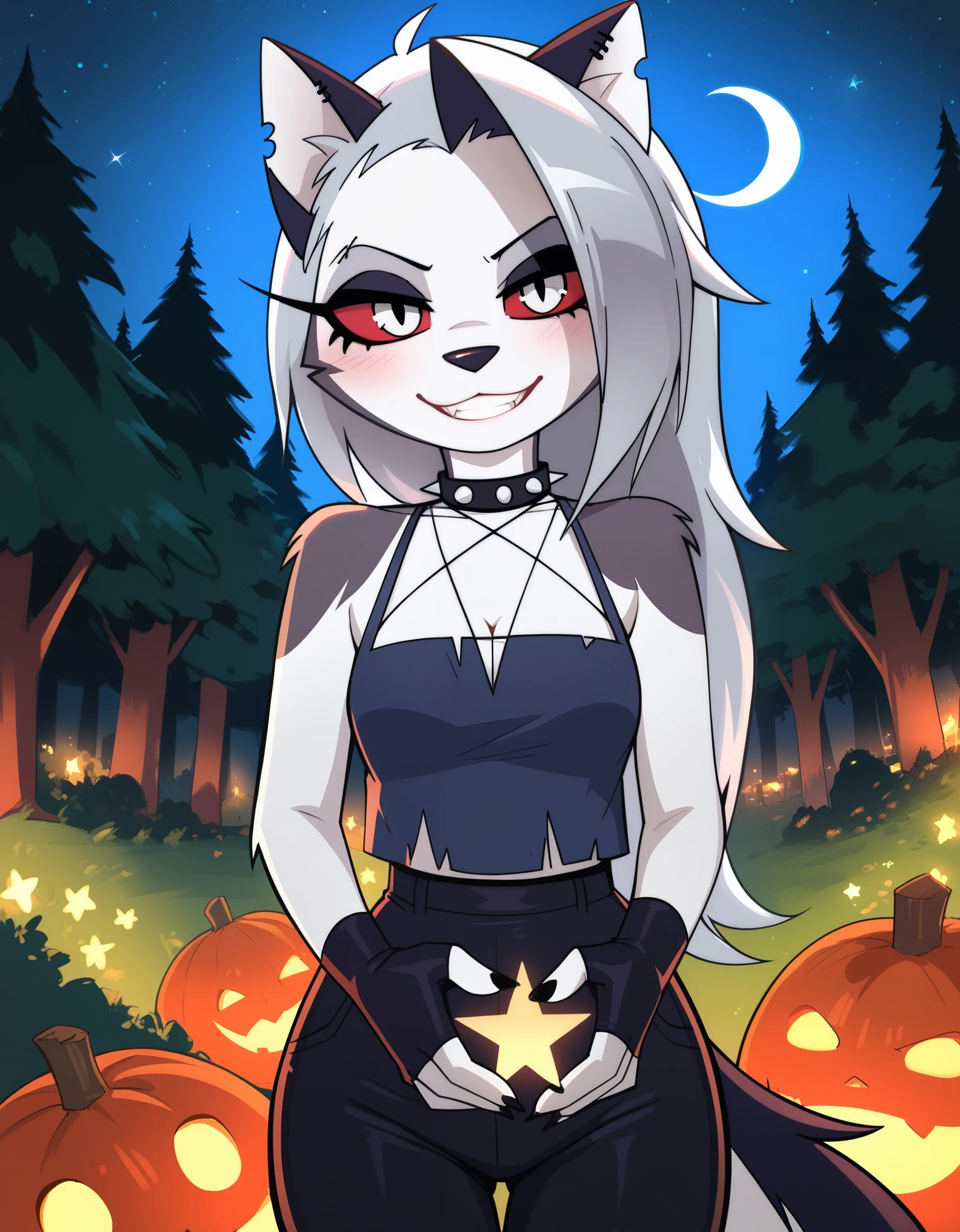 score_9_up, score_8_up, score_7_up,  rating_safe, furry, anthro, solo, loona(jizokumode), hellhound, red sclera, loona (helluva boss), tanktop, fingerless gloves, excited, blep, forest, night, stars, crescent moon, solo, forced smile, 4 fingers, inverted pentagram,