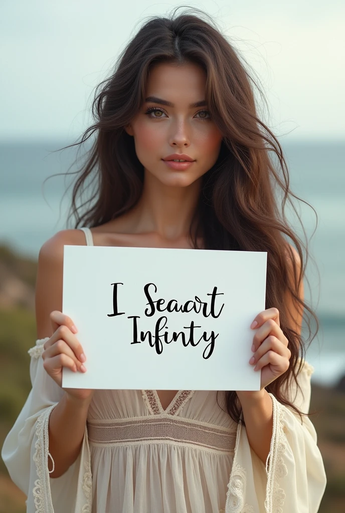 Beautiful girl with wavy long hair, bohemian dress, holding a white board with text "I Love Seaart Infinity" and showing it to the viewer