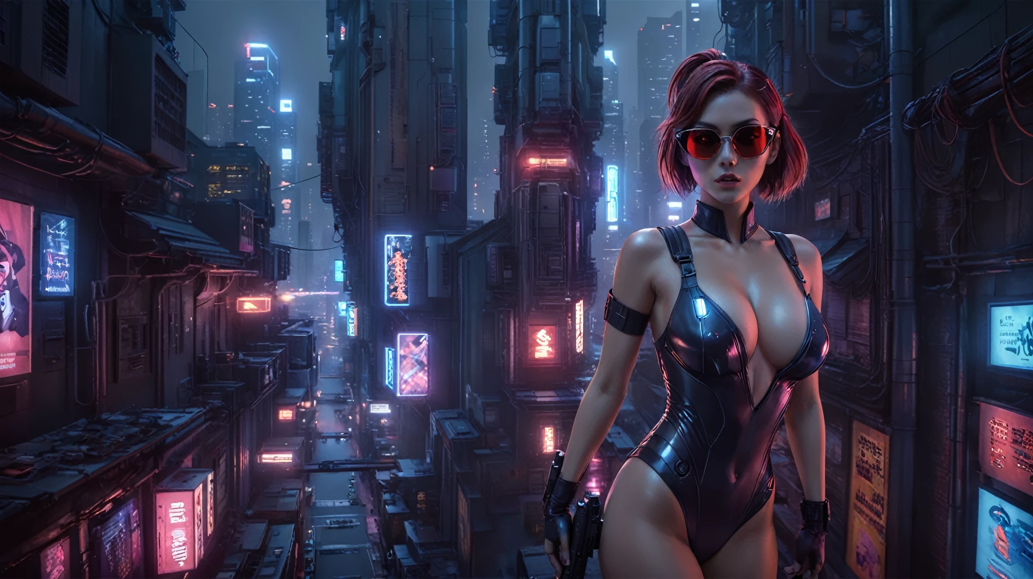 There's a cyborg woman (8k) wearing a futuristic leotard (best quality), aerial view of a cyberpunk city alley at night, (a real monkey on her shoulder), darksynth aesthetic, red neons, haze, foggy night, ultra detailed, photorealistic, (1girl, solo, alone), large-breast:1.2 slim body, cleavage:1.1, (black sunglasses), (holding a pistol), dynamic pose, half-body thigh level medium shot, cinematic lighting, ray tracing.