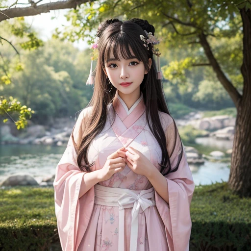 best quality, Delicate face,beautiful visual work, lifelike, eternity, black hair, Long curly hair, blunt bangs, Smile, Detailed Background, Delicate face,blush,cold,((masterpiece))、(top quality)、8k、high detail、Super detailed,41-year-old female,身穿唐制Hanfu、waist skirt, Clothes are light and fluffy,Hanfu, wide sleeves, Transparent sleeves, Tunic, Clothes made of chiffon, masterpiece、born、Scenes resembling fairy tale illustrations、intricate details和複雜的設計、Beautifully、magic、capricious、 Beautifully、Dream aesthetics、「𝓡𝓸𝓶𝓪𝓷𝓽𝓲𝓬、ethereal、charming、fickle、magic」、realism、Visual effects、FXAA、SSAO、Shader、voiceless、ambient lighting、Tone mapping、High resolution、Ultra high quality、Million pixels、(8K resolution:1.10)、8k、8k以下、8K resolution、high detail、intricate details, (high quality:1.2、masterpiece:1.2、:1.21)、(41-year-old female:1.21)、(興奮地Smile)、(被dream般的氛圍所包圍、Model diagram,full-body shot,Normal 2 feet,Put your hands behind you,The protrusion of the breast is visible when wearing clothes, Large Breasts, H cup chest, antiquity, Xian Xia, gauze clothes, Soft and fluttering, Fairy, dream, fantasy, light, Elegant, nature, Immortal, romantic, classical, ribbon, pink clothes, in tall woods, In the woods like a martial arts drama, Don't show your fingers, full-body shot,floor length skirt, full-body shot,full-body shot,full-body shot,full-body shot,full-body shot,full-body shot,full-body shot,hands hidden in clothes, hands hidden in clothes,hands hidden in clothes,hands hidden in clothes,hands hidden in clothes,hands hidden in clothes,hands hidden in clothes,hands hidden in clothes,hands hidden in clothes, ,hands hidden in sleeves ,hands hidden in sleeves ,hands hidden in sleeves ,hands hidden in sleeves ,hands hidden in sleeves ,hands hidden in sleeves ,hands hidden in sleeves ,hands hidden in sleeves, arms behind back, arms behind back