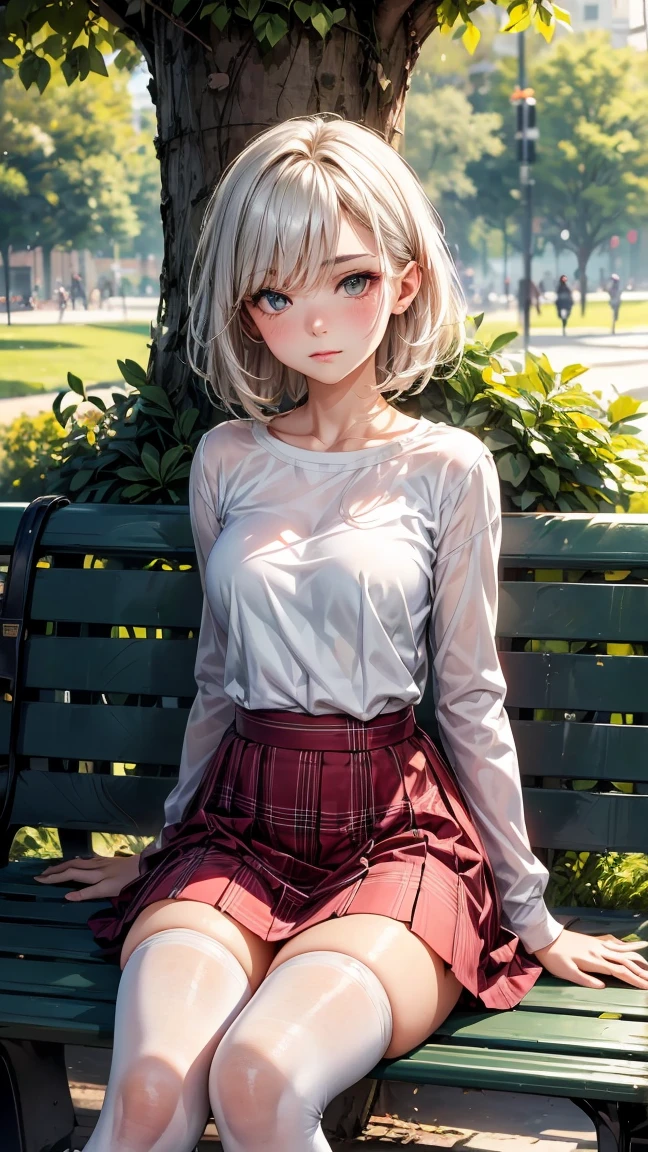 "A realistic image of a young woman, around 20 years old, sitting on a park bench. She has short, silver-white hair with a delicate flower tucked in, and her eyes are a striking yellow. She has a serious expression. The woman is wearing a white top and a red plaid skirt, paired with black thigh-high stockings. The background features a vibrant and lively park, filled with blooming flowers and people moving in the distance, under the warm golden light of the setting sun. The overall atmosphere is serene yet bustling."