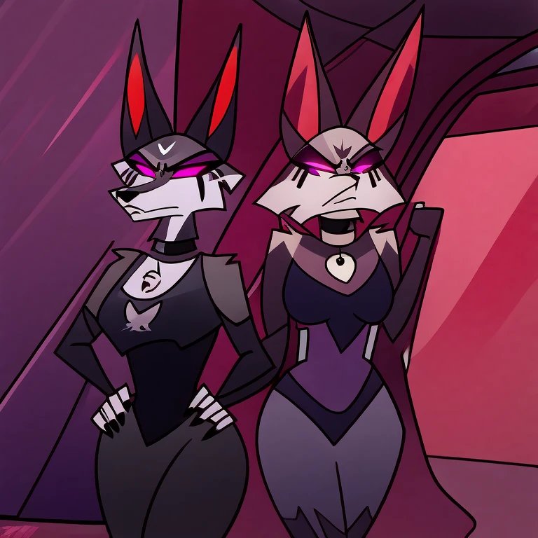(masterpiece, best quality:1.2), Anubis female hellhounds, a couple of female bodyguards, wolves, furry, helluva boss, hypnotized with glowing purple eyes, angry serious face, using a gray latex suit, and a black techno collar, using a Pulse Rifle, Energy Rifle, Futuristic assault rifle, guarding the door of a luxury room background