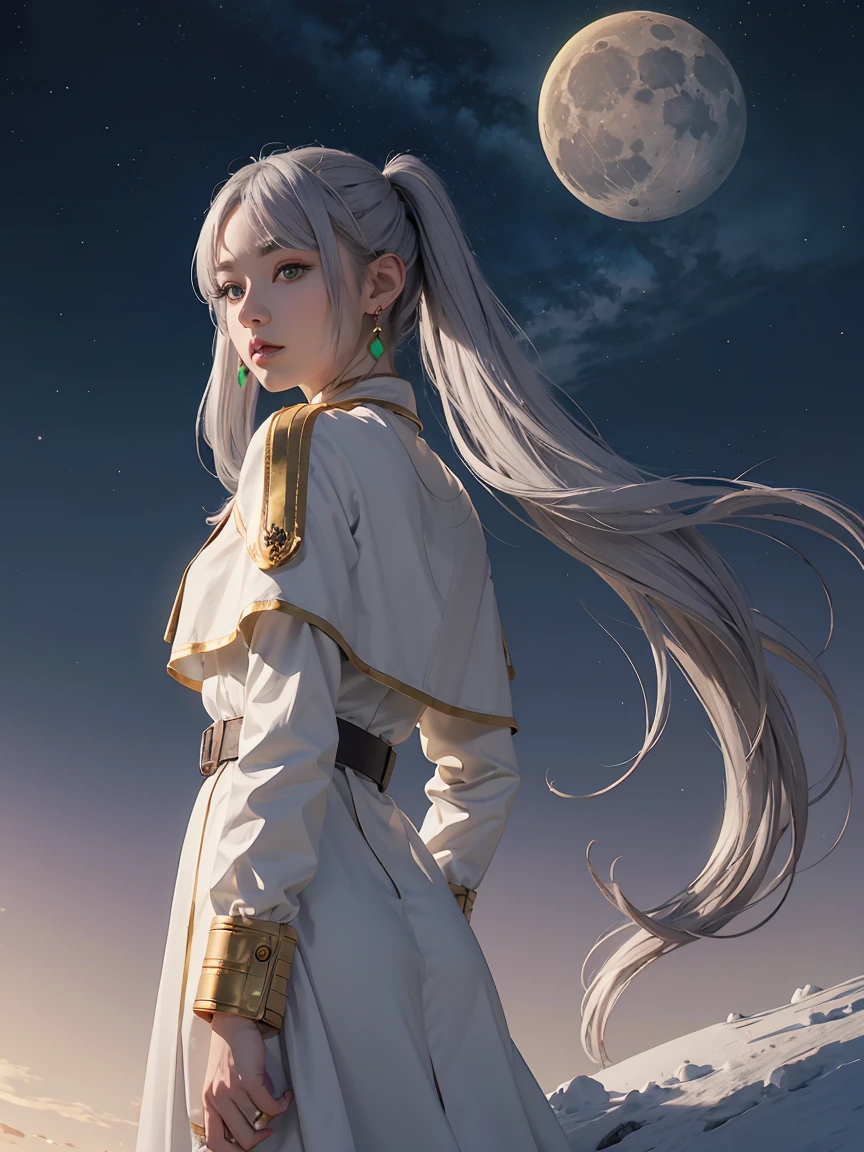 (Highest quality images, masterpiece), Detailed landscape,(((Gray Hair))), Beautiful green eyes with beautiful details, Fantastic starry sky (Representing a large moon),Color nuances,quiet, Freezing, One girl, Long Hair, Pointed Ears, Twin tails, jewelry, Fairy, Earrings, Capelet, white Capelet, Long sleeve, Parted bangs, dress, belt, flower, Small breasts, Wide Hips, From below, Place your hands behind your back