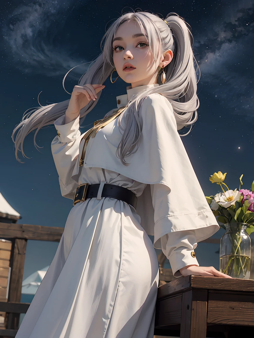 (Highest quality images, masterpiece), Detailed landscape,(((Gray Hair))), Beautiful green eyes with beautiful details, Fantastic starry sky (Representing a large moon),Color nuances,quiet, Freezing, One girl, Long Hair, Pointed Ears, Twin tails, jewelry, Fairy, Earrings, Capelet, white Capelet, Long sleeve, Parted bangs, dress, belt, flower, Small breasts, Wide Hips, From below, Place your hands behind your back