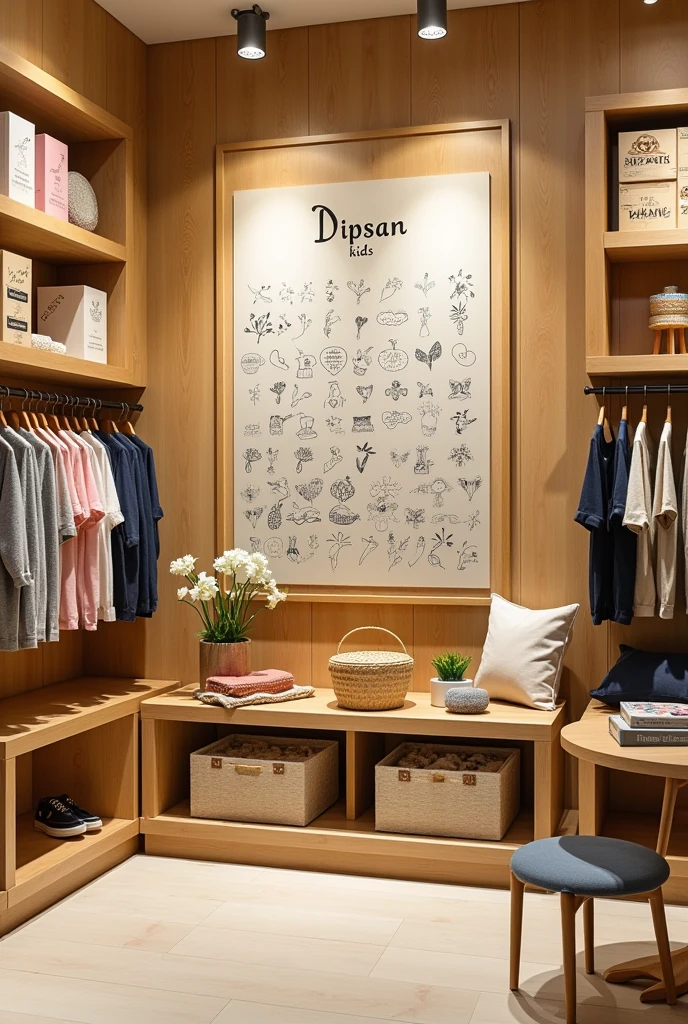 Board design for kids store and gift shop, shop name is "Dipsan kids store and gift shop"
