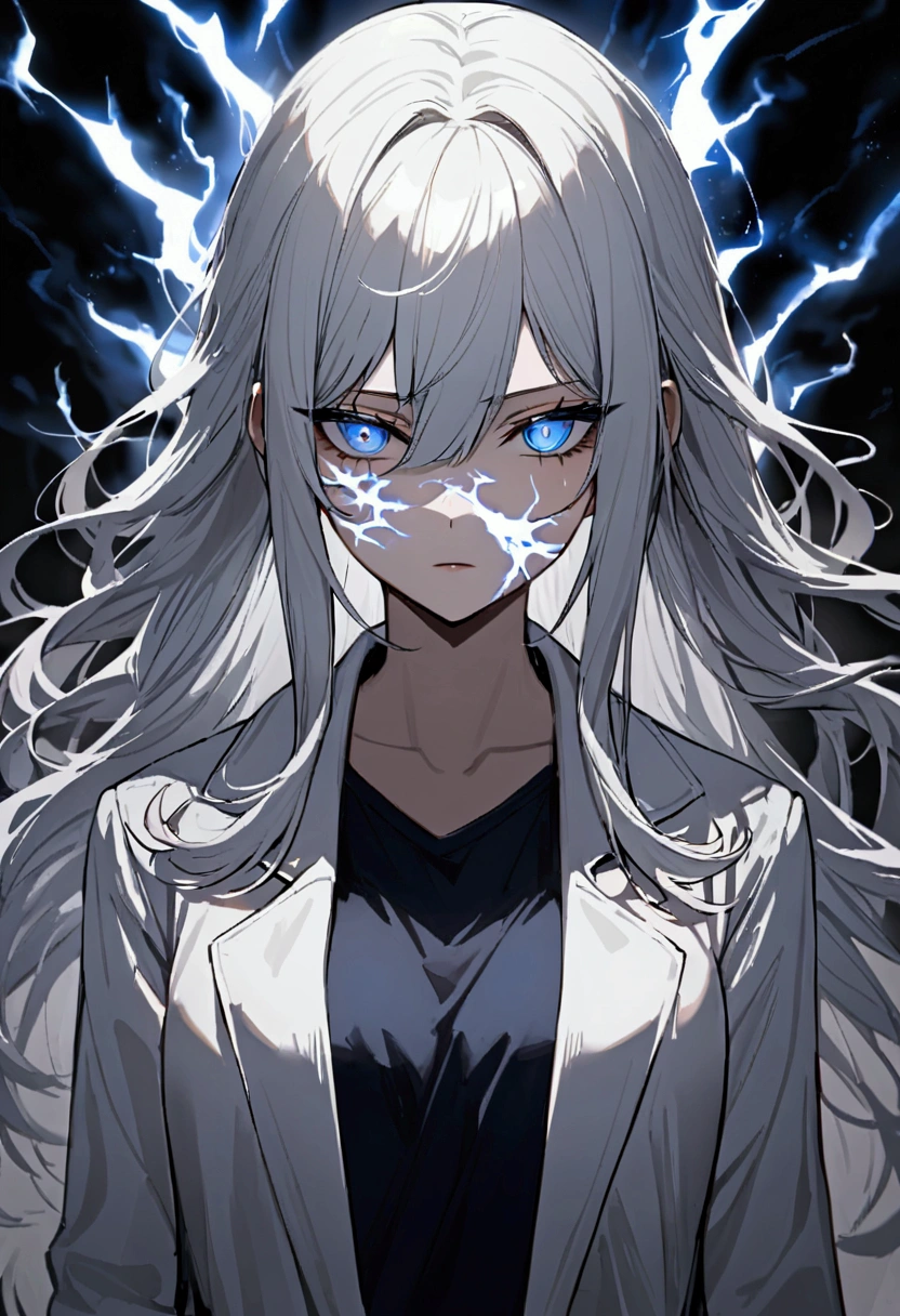 Teenage girl, tidy hair, long hair, multicolored gray and white hair, eye white, face neutral, white tattoos on the body, ripped dark blue shirt, white overcoat, gray energy aura
