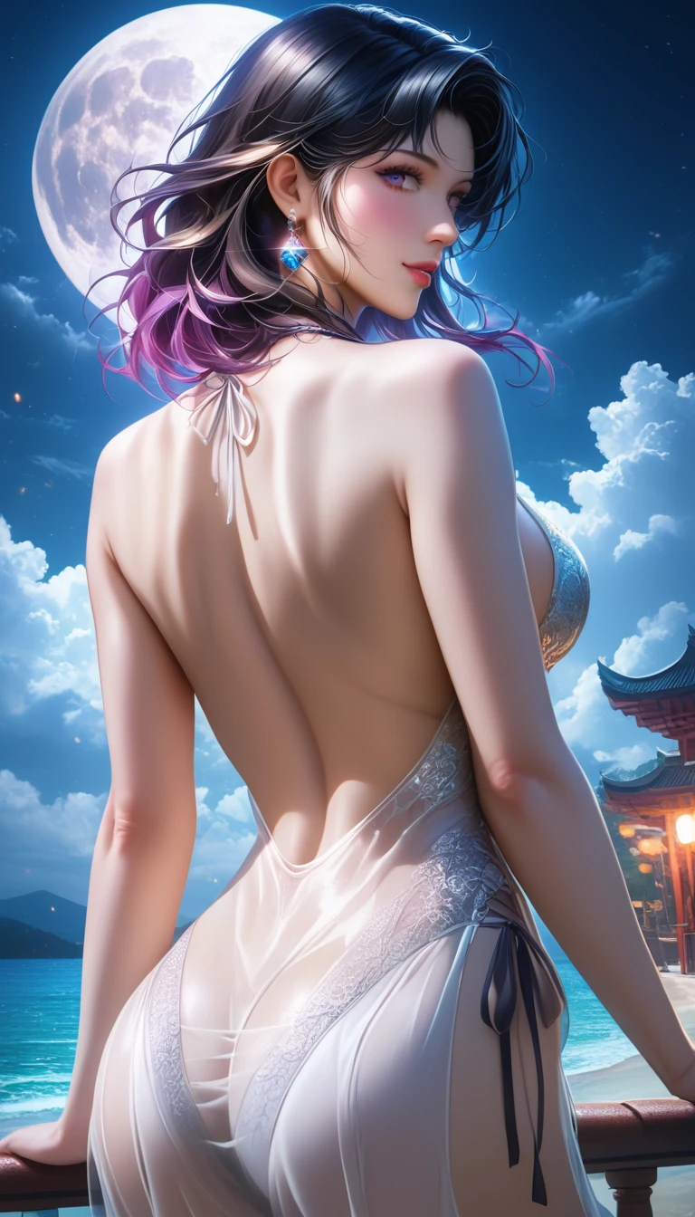 score_9, score_8_superior, score_7_superior, A masterpiece in 32K resolution,Highest quality,it is really amazing,Very detailed,Ultra-high resolution,Ultra-realistic,Realistic,Increased depth of field,Cinematic lighting,
Sexy Japanese Adult Women,
black straight medium hair,Ultra-detailed and beautiful face,Gentle expression,Translucent white skin,Realistic skin texture,
Elegant swimwear,
Bold design,Artistic design,Beautiful and detailed pattern,Detailed fabric texture,
Gorgeous necklace,Earrings,
Coastline at night,Giant Moon,Dark clouds floating in the dark night sky,
Cinematic Angle,Beautiful back view,