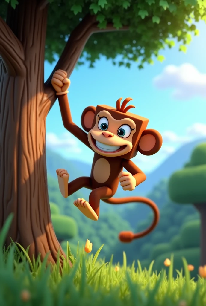 Minecraft style animation.a monkey hanging on a tree