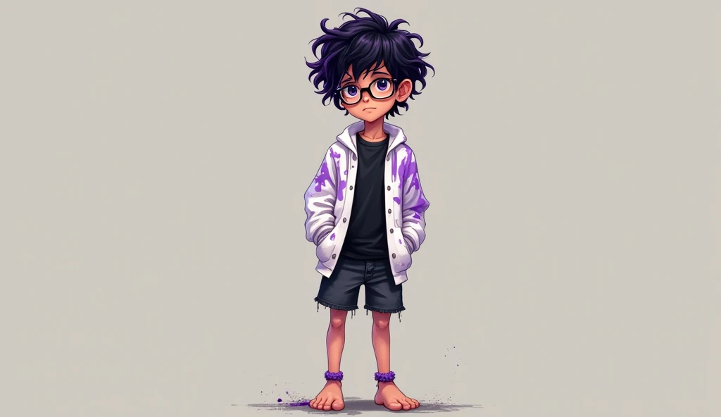 A thin age boy, with glasses, black and purple curly hair, With black shirt, white sweatshirt with purple paint stains unbuttoned, light black shorts, with bare feet, A purple anklet on the left leg.
