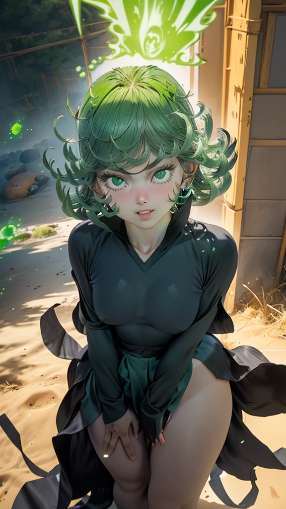 (work of art, best qualityer:1.4), (whole body), 1 girl, standing alone, out, in a desert with sand and dust, tatsumaki, (pelvic curtain:1.2), long sleeves, black gown, (hair green), shorth hair, medium breasts, beautiful smiling, beautiful  face, high-detailed face, highly-detailed eyes, highly detailed skin, skin pore, (((floating with a green aura))),  underground dispersal, realisitic pupils, full-face blush, fleshy lips, Depth of field, volumetric lighting, sharp focus, absurderes, realisitic proportions, good anatomy, (realisitic, hyperrealisitic:1.4), 16k hdr