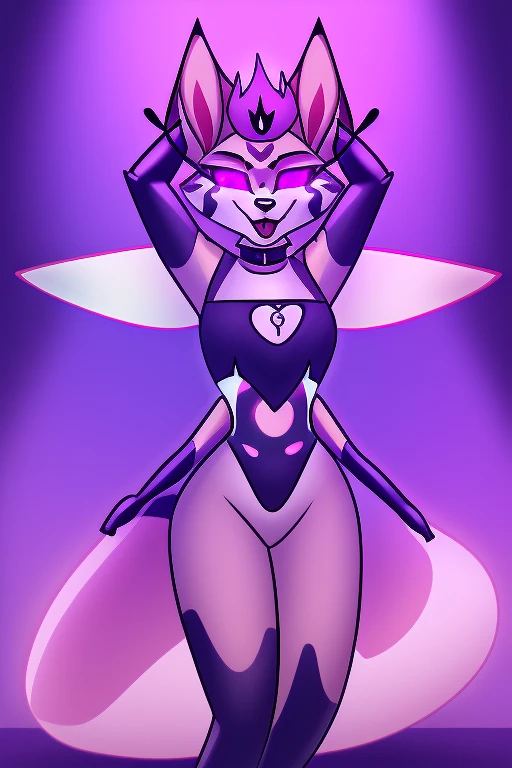 Queen Bee hellhound standing, using a black latex suit, and a black techno collar, hypnotized with glowing purple eyes without iris or pupils, tongue out, dancing