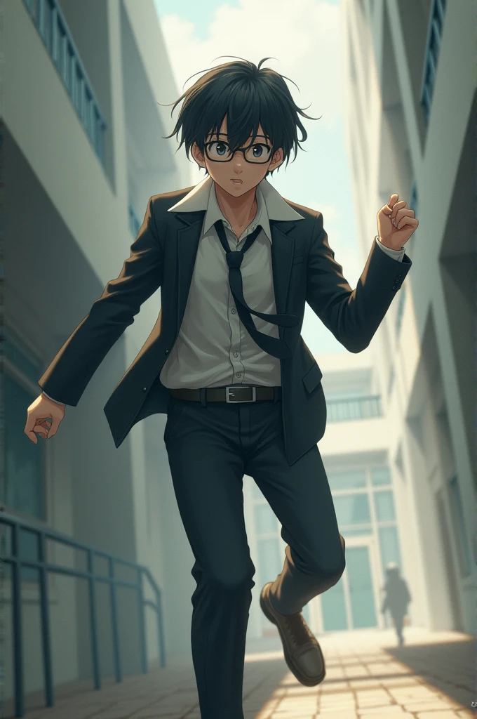 Male, about to fall, black short hair, glasses, innocent, school uniform