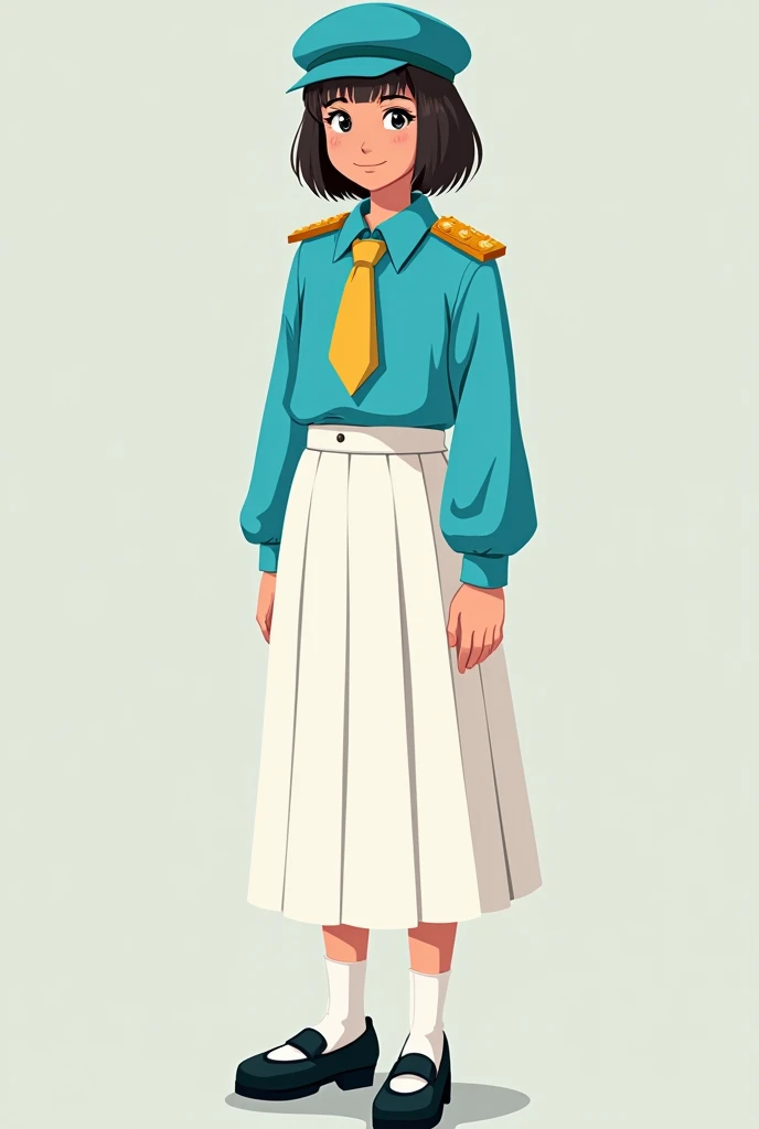 A 15-year-old girl wearing a turquoise blue long-sleeved shirt, White skirt with straight line on the side in gold, Simple golden shoulder pads, gold tie, black shoes and turquoise blue cap