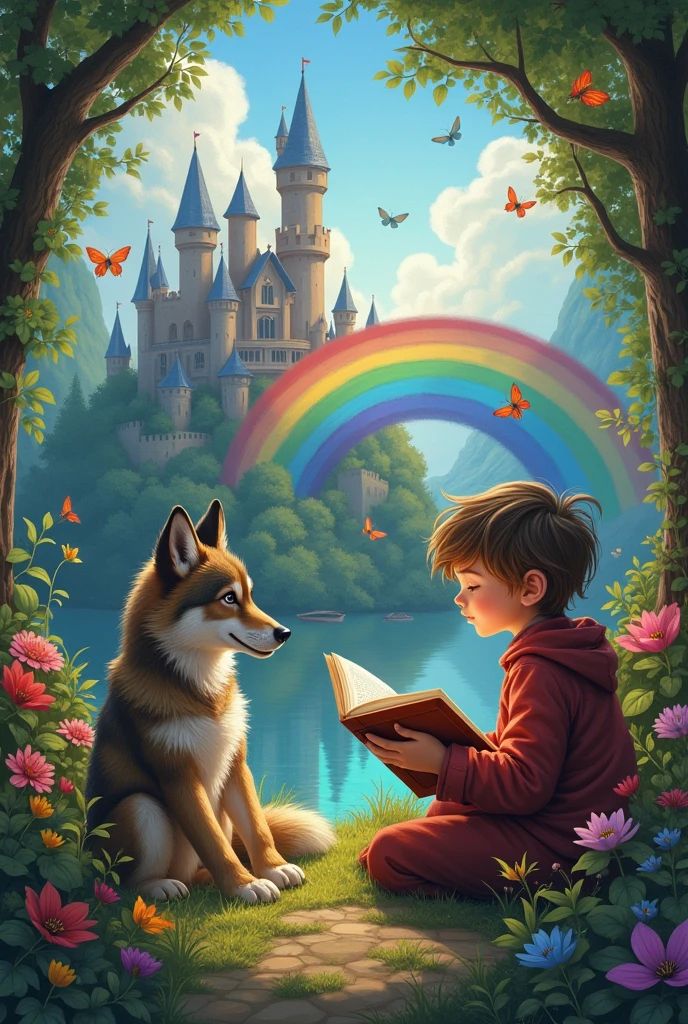 a boy and a girl reading a story rainbow castle butterfly wolf flowers magic world